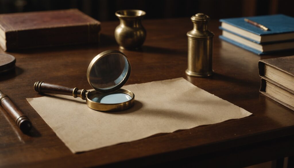 Magnifying glass resting on a blank sheet of paper on a wooden desk