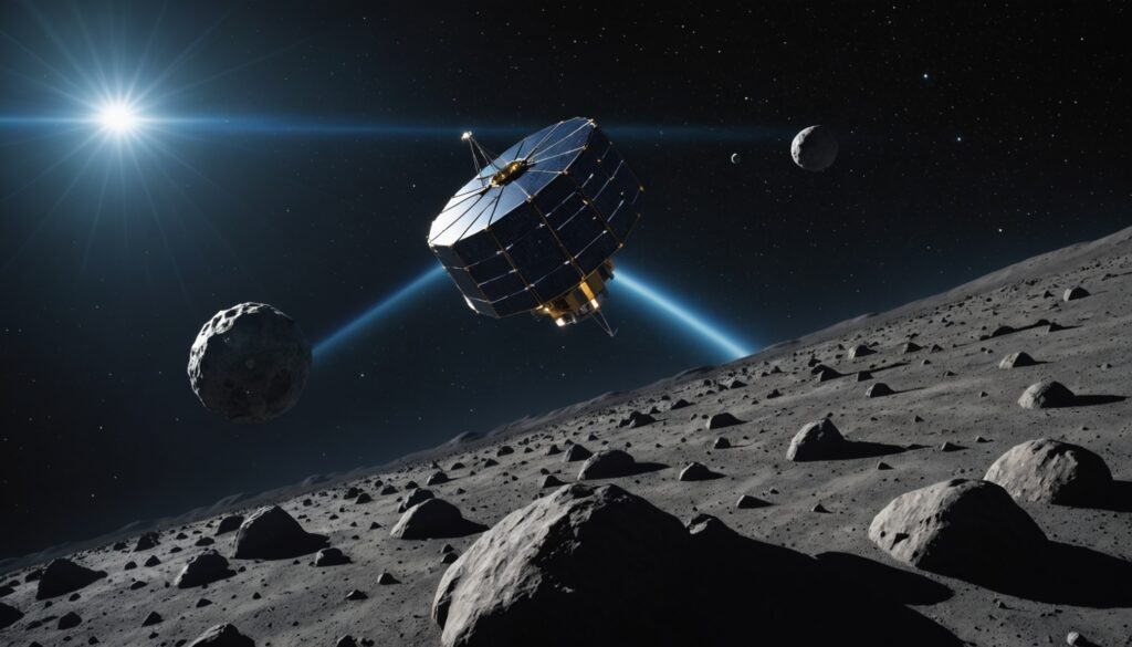 Sonde spatiale s'approchant d'un minuscule astéroïde rocheux dans l'espace profond