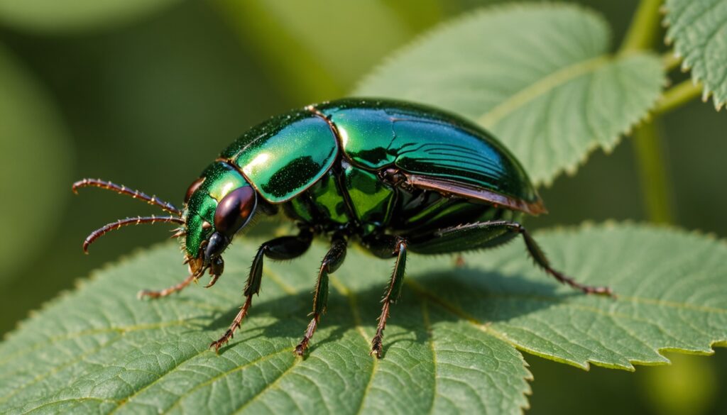 Scarabée japonais Popillia japonica posé sur une feuille verte dans un jardin