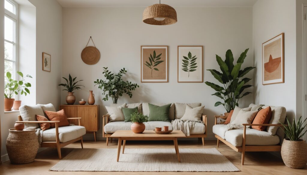 Salon minimaliste chaleureux aux tons naturels, tendance déco 2026