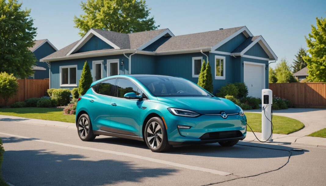 Voiture electrique compacte en recharge devant une maison