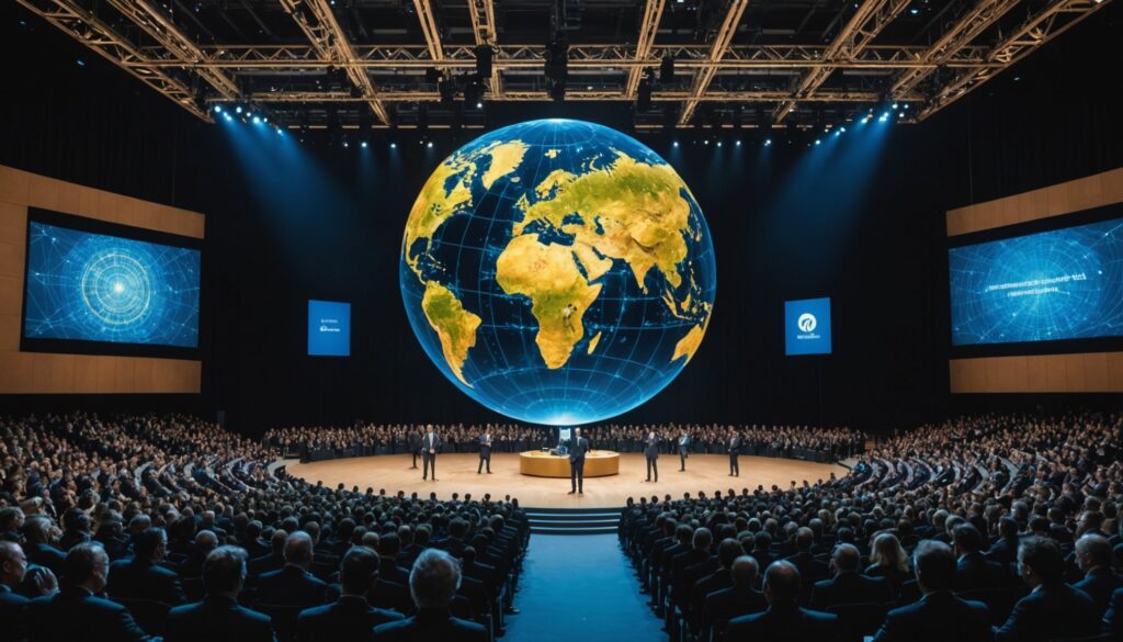 Assemblée internationale sur l'intelligence artificielle avec globe holographique