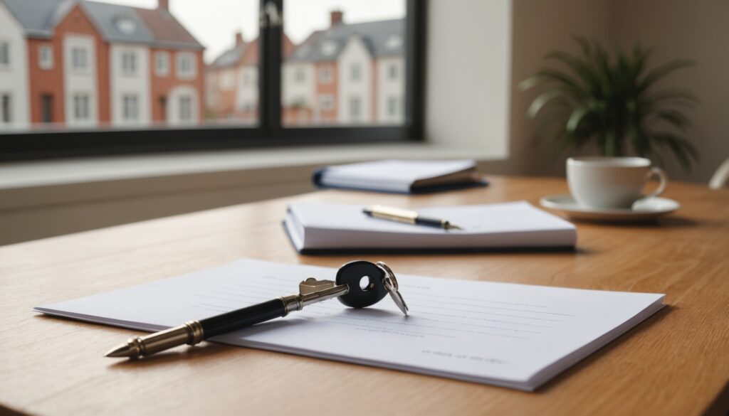 Contrat de bail signé posé sur une table avec des cles