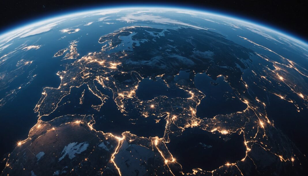 Sommet international de l’espace à Paris : ce qui va se jouer les 9 et 10 septembre 2026 Réseau de satellites en orbite basse autour de la Terre au lever du jour