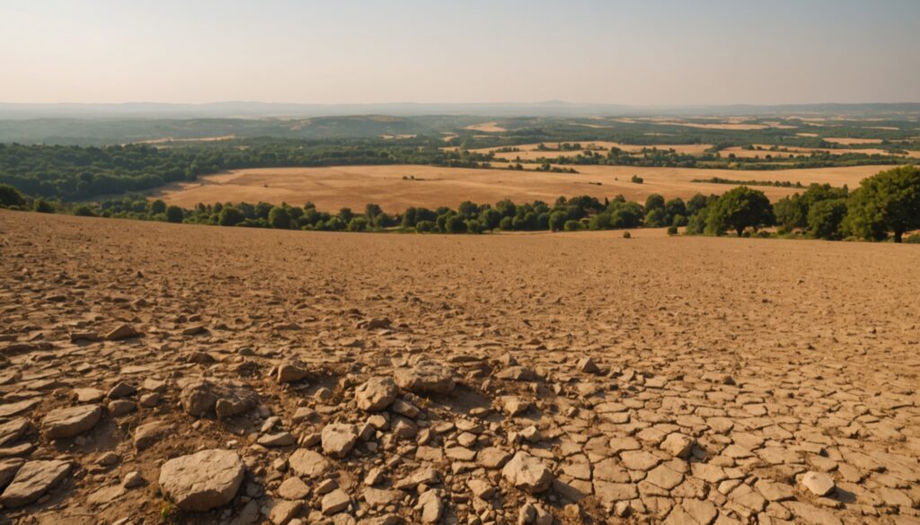 Terre craquelee et campagne francaise sous une canicule estivale