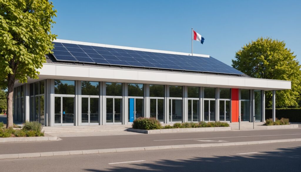 Mairie française et panneaux solaires illustrant la simplification des normes locales
