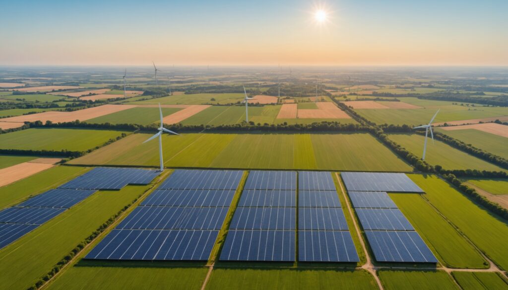 Eoliennes et panneaux solaires dans un paysage francais au coucher du soleil