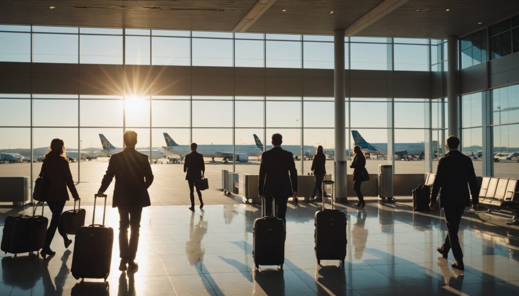 Passagers avec bagage cabine dans un aeroport, reforme des droits des passagers aeriens