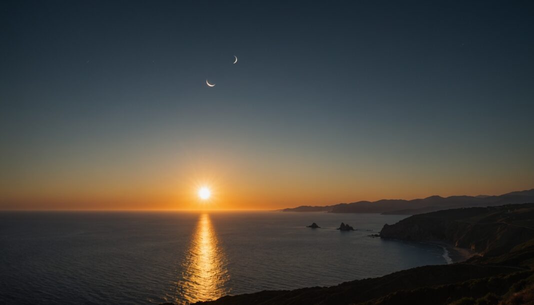 Éclipse solaire totale du 12 août 2026 : l’Europe attend son grand retour Éclipse solaire totale avec couronne visible au-dessus d'un littoral au coucher du soleil