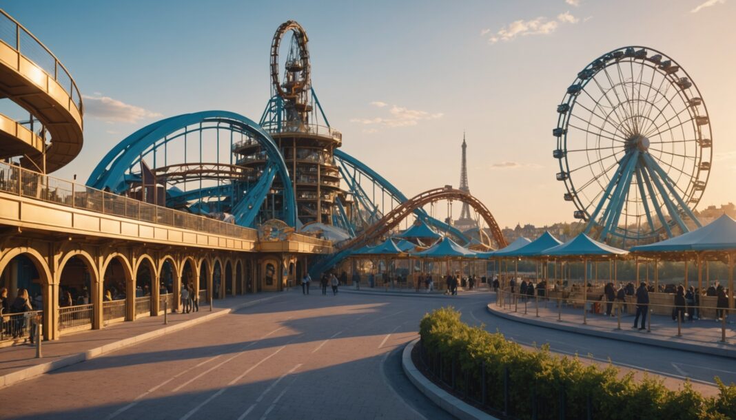 Un parc d’attractions Dragon Ball financé par l’Arabie saoudite près de Paris Illustration d'un parc à thème futuriste en construction près de Paris