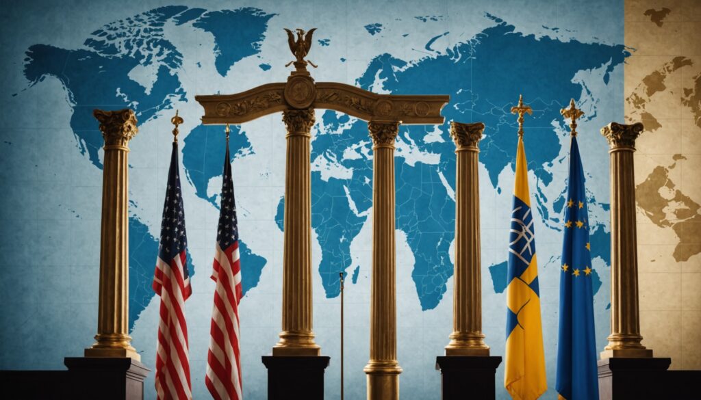 Illustration symbolisant la justice pénale internationale et la diplomatie