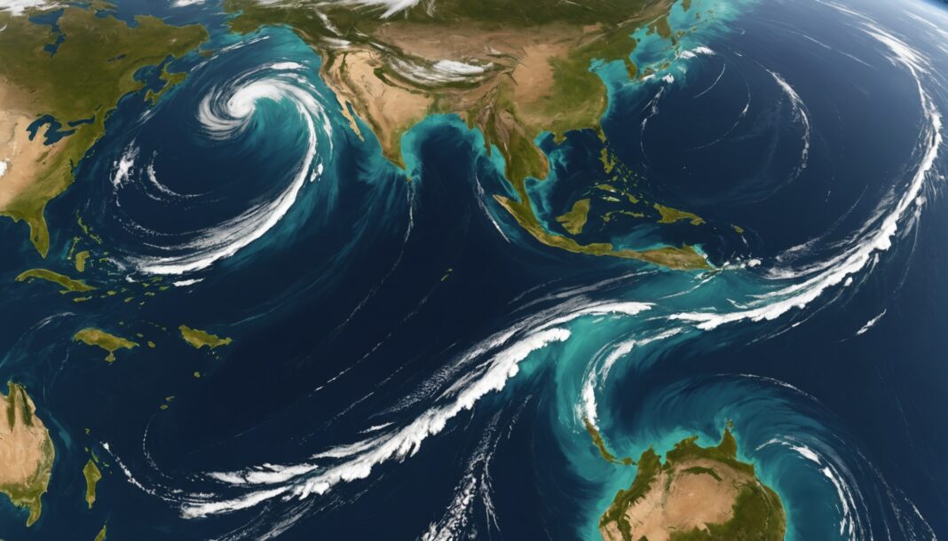 Vue satellite stylisée de courants océaniques dans le Pacifique illustrant le phénomène El Niño