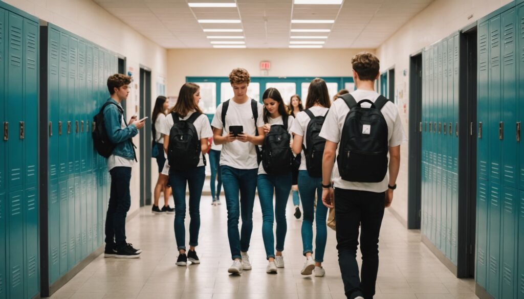 Couloir de lycée avec des casiers de rangement pour téléphones portables, élèves sans smartphone