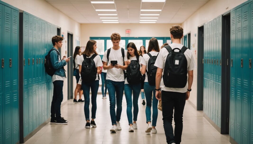 Couloir de lycée avec des casiers de rangement pour téléphones portables, élèves sans smartphone