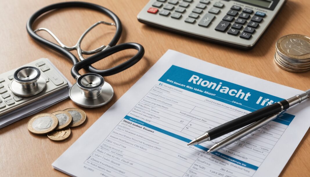 Stéthoscope, calculatrice et pièces sur un bureau, symbole des remboursements de santé