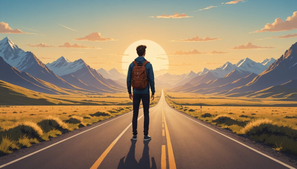 Illustration conceptuelle d'un professionnel face à un choix entre bureau et voyage, symbole de la micro-retraite