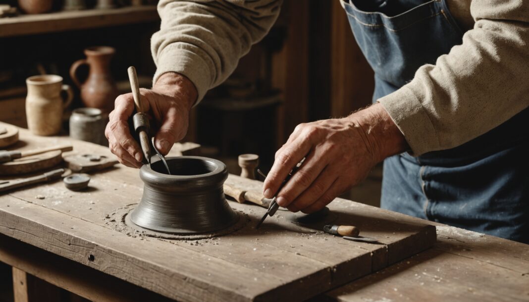 Artisan façonnant une pièce à la main dans un atelier traditionnel