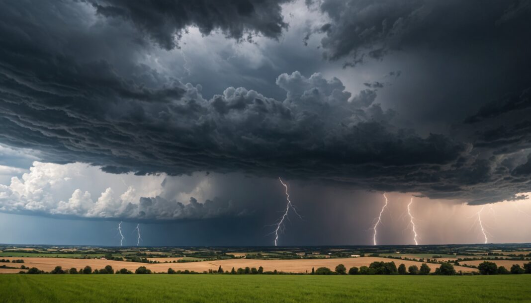 Orages : 39 départements en vigilance orange, grêle et rafales à 100 km/h attendues Ciel orageux menaçant au-dessus de la campagne française