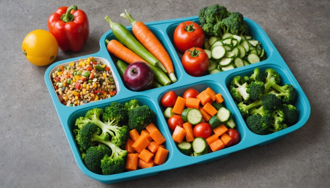 Cantines scolaires 2026 : la promesse des 50% de produits durables toujours pas tenue Plateau-repas de cantine scolaire avec des légumes frais et bio, illustration de l'objectif EGalim