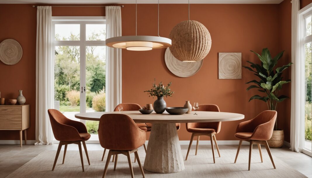 Salle à manger moderne avec table ronde extensible en bois, chaises dépareillées texturées et grande suspension lumineuse