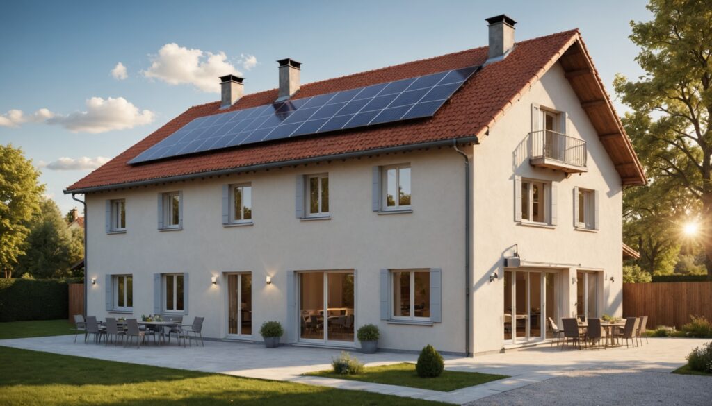 Maison française rénovée avec isolation thermique et chauffe-eau solaire sur le toit, lumière de fin d'après-midi