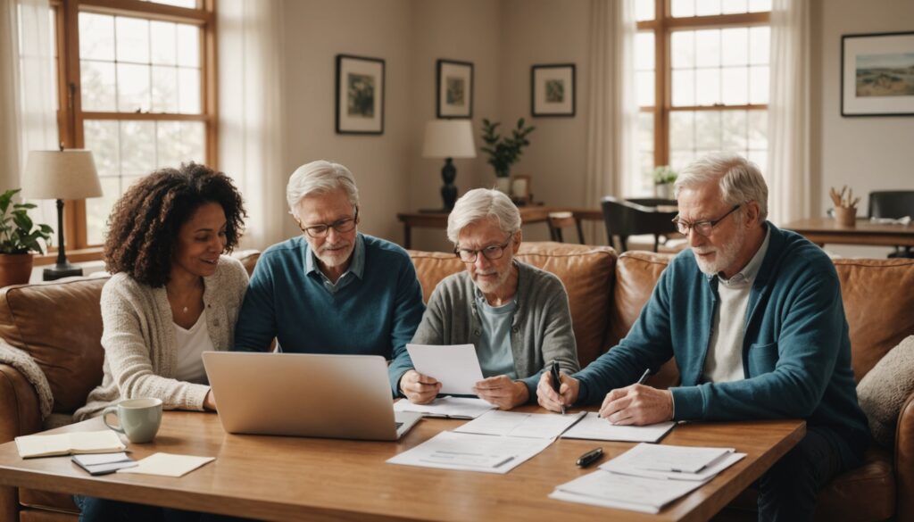 Illustration d'une famille recomposée et de grands-parents dans un salon chaleureux, avec un ordinateur portable symbolisant une démarche juridique en ligne
