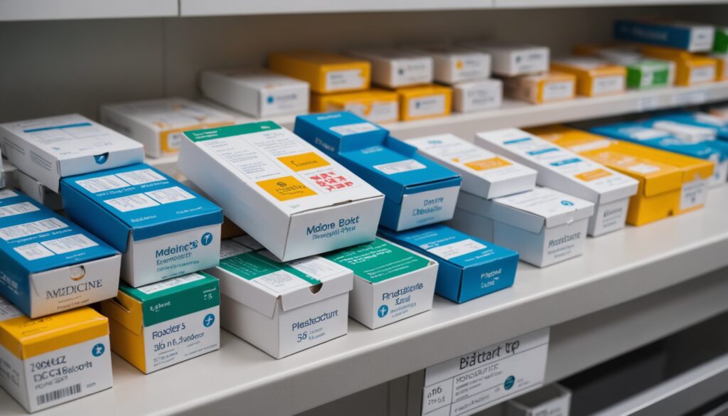Boîtes et plaquettes de médicaments alignées sur un comptoir de pharmacie