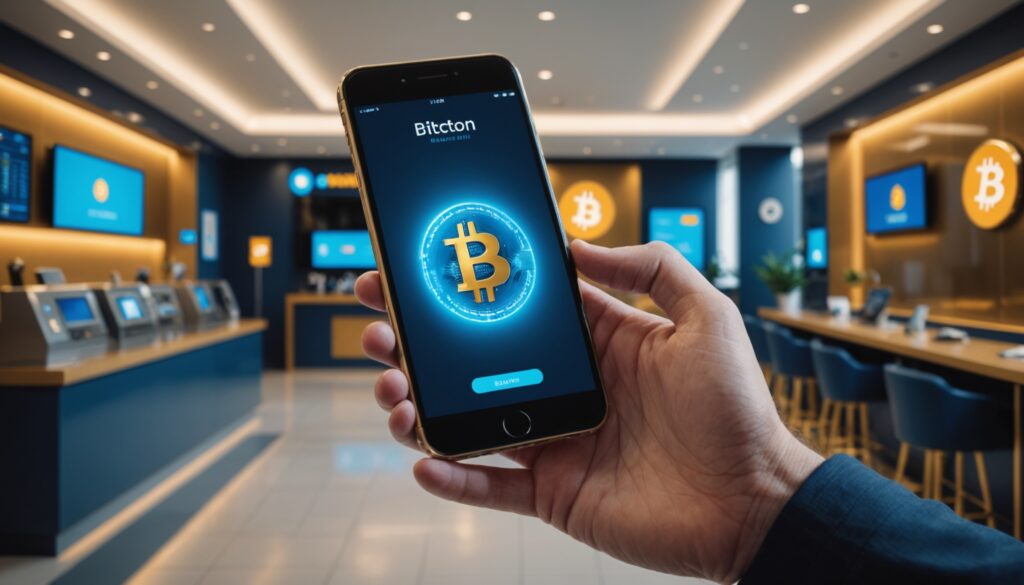 Smartphone affichant une icône Bitcoin dans une agence bancaire moderne
