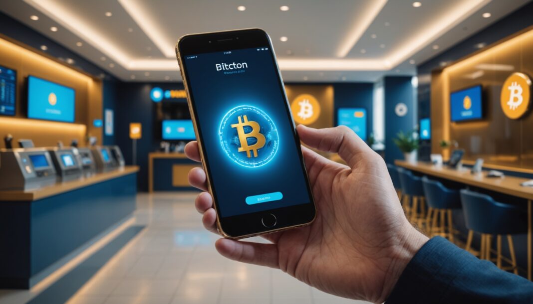 Quand les banques traditionnelles s’emparent du Bitcoin Smartphone affichant une icône Bitcoin dans une agence bancaire moderne