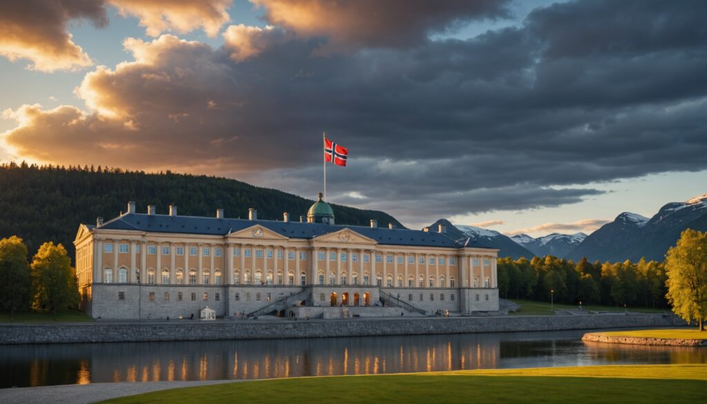 Palais royal scandinave illuminé au coucher du soleil, illustrant la succession royale en Norvège