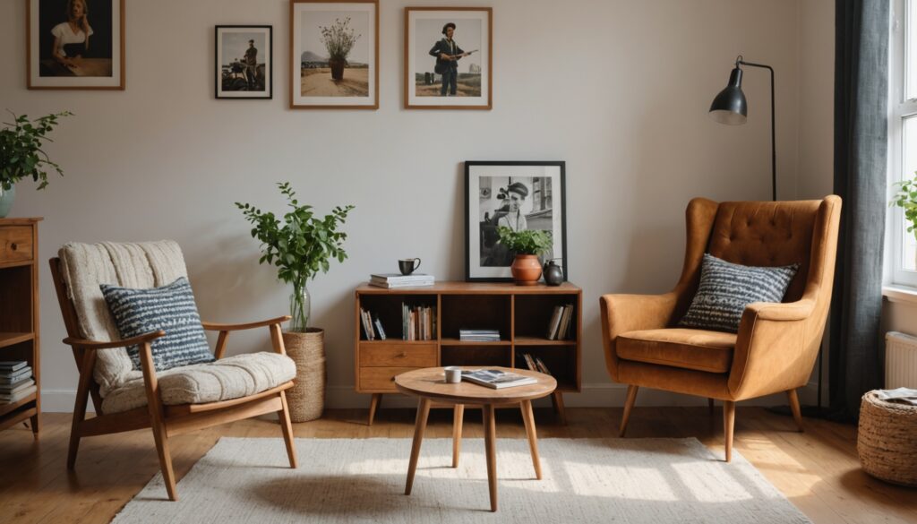 Salon moderne avec mobilier upcyclé et fauteuil vintage restauré, illustration économie circulaire du mobilier