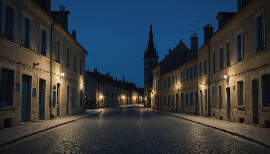 Rue de village française déserte la nuit avec mairie en arrière-plan
