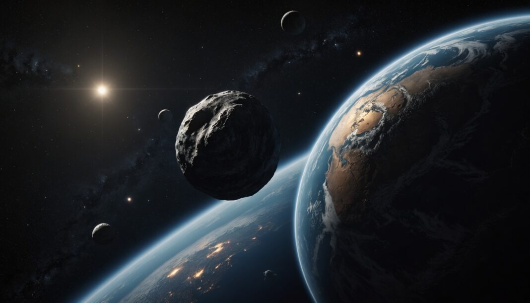 Apophis 2029 : l’astéroïde qui frôlera la Terre plus près que ses satellites Illustration d'un astéroïde géant passant près de la Terre dans l'espace