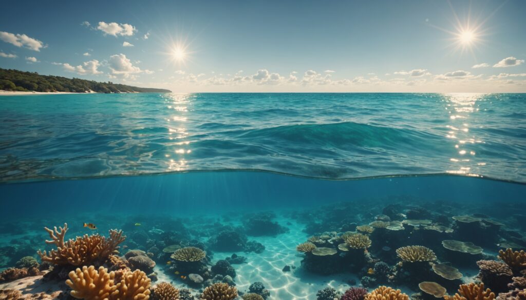 Vagues de chaleur visibles à la surface de l'océan sous un soleil éclatant, récif corallien blanchi sous l'eau