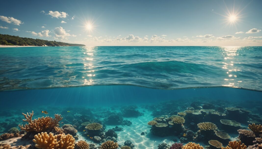 Vagues de chaleur visibles à la surface de l'océan sous un soleil éclatant, récif corallien blanchi sous l'eau