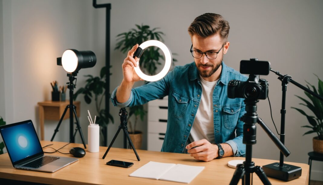 Loi influenceurs : ce qui change pour les marques et les créateurs de contenu Créateur de contenu filmant une vidéo de partenariat de marque avec un ring light