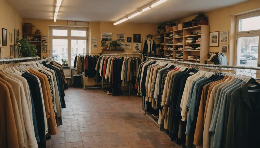 Rayon de vêtements vintage de seconde main dans une friperie en France