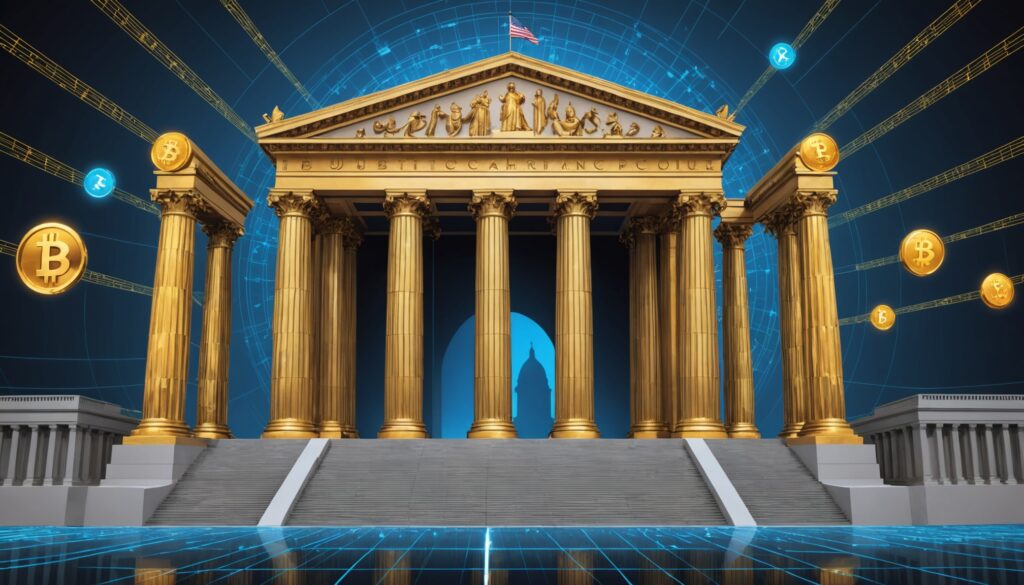 Illustration du Capitole américain fusionné avec un réseau blockchain, symbole de la régulation des cryptomonnaies