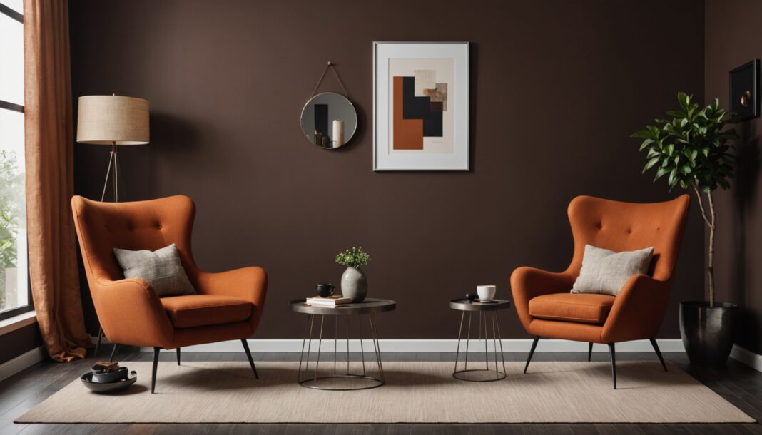 Décoration : les couleurs profondes qui remplacent les pastels dans nos intérieurs Intérieur de salon avec mur chocolat noir, fauteuil orange et accents chrome