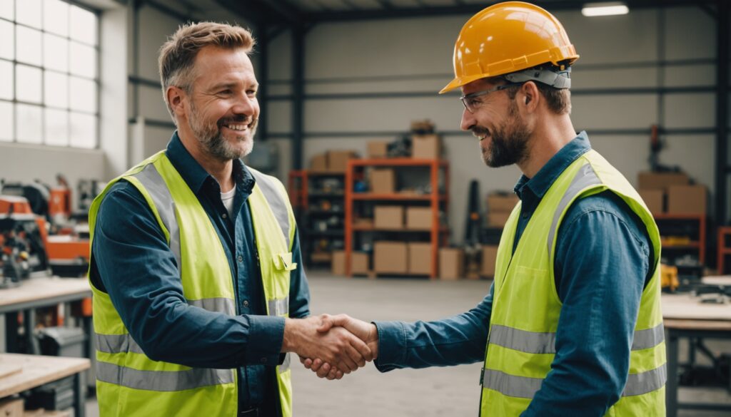 Artisan et recruteur se serrant la main dans un atelier lumineux, symbole de reconversion professionnelle