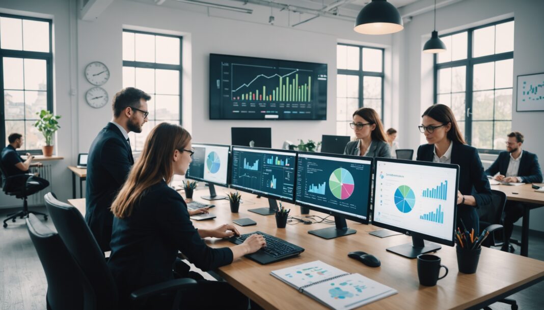 PME et TPE françaises : investissement timide, adoption de l’IA en accélération Équipe de PME analysant des données et outils d'IA sur écrans dans un bureau lumineux