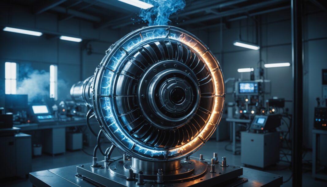 Turbine à hydrogène : l’électricité produite par des explosions contrôlées Turbine à hydrogène futuriste avec flammes de détonation dans un laboratoire de recherche