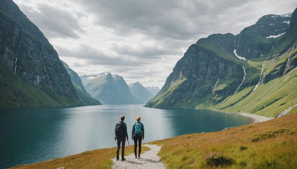 Paysage côtier nordique frais avec voyageurs en été, illustration de la tendance coolcation