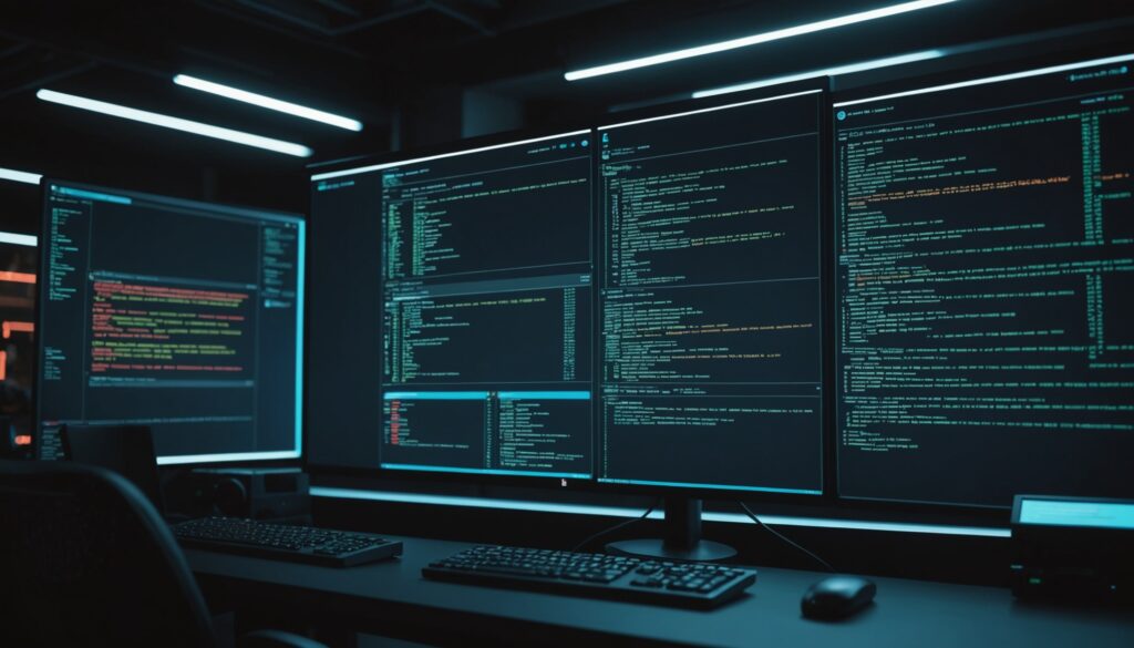 Terminal de développement futuriste illustrant un agent d'intelligence artificielle dédié au codage