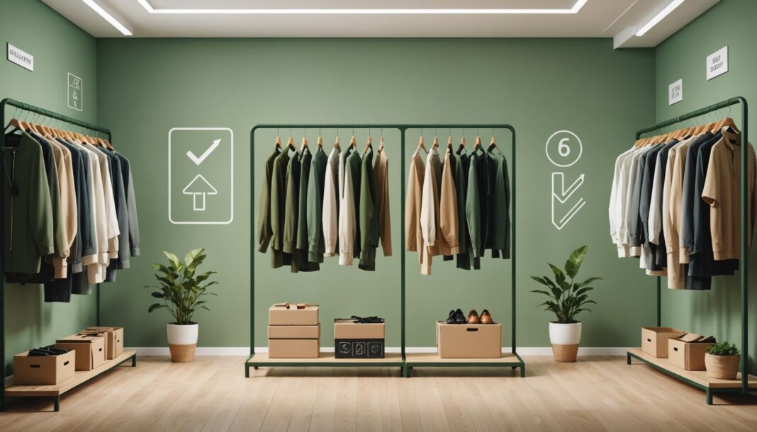 Loi anti-fast fashion : ce qui change pour vos vêtements en France Portants de vêtements fast fashion avec étiquette de prix et pictogramme d'alerte écologique