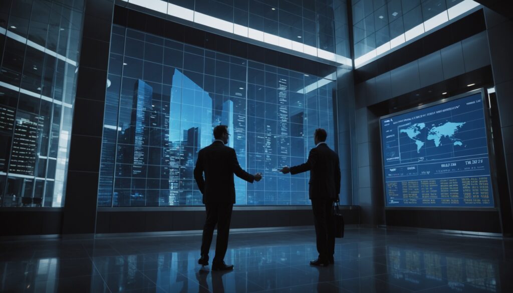 Illustration d'une tour de bureaux moderne et d'un tableau boursier symbolisant le contrôle des investissements étrangers