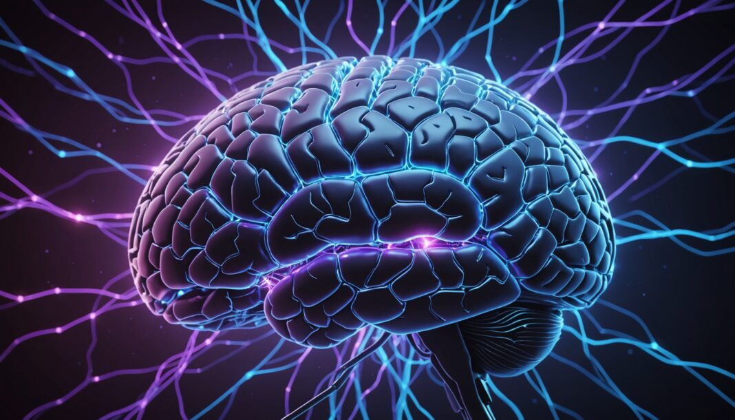 Illustration scientifique d'un cerveau humain lumineux avec connexions neuronales Cerveau humain stylisé avec réseau de connexions neuronales bleues et violettes, illustration scientifique