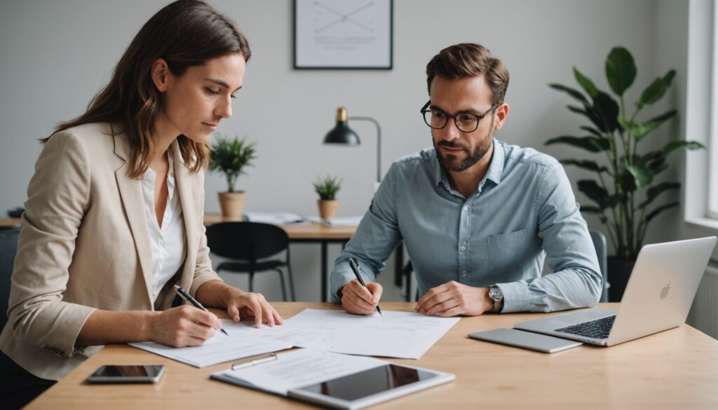 Entrepreneurs examinant des documents administratifs et un contrat de bail commercial dans un bureau moderne