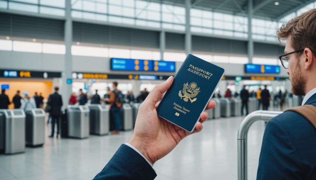 ETIAS : l’autorisation de voyage qui change la donne pour visiter l’Europe Voyageur tenant un passeport et un smartphone devant une porte d'embarquement dans un aéroport européen moderne