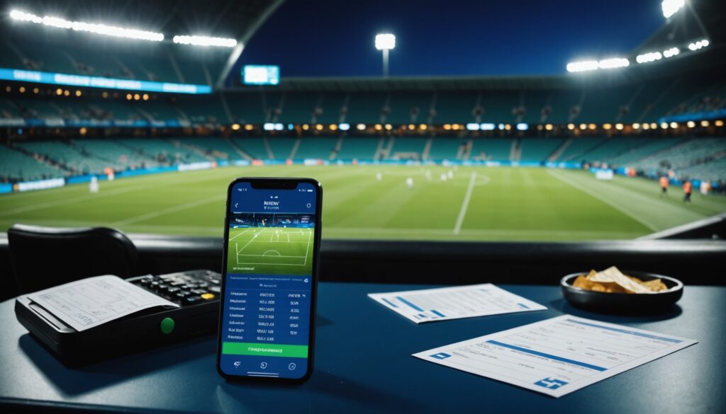 Stade de football illuminé la nuit avec un smartphone et un ticket de pari sportif au premier plan
